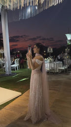 Simple Arabic Pink Pearls Beaded Evening Dress With Shawl CLA72922