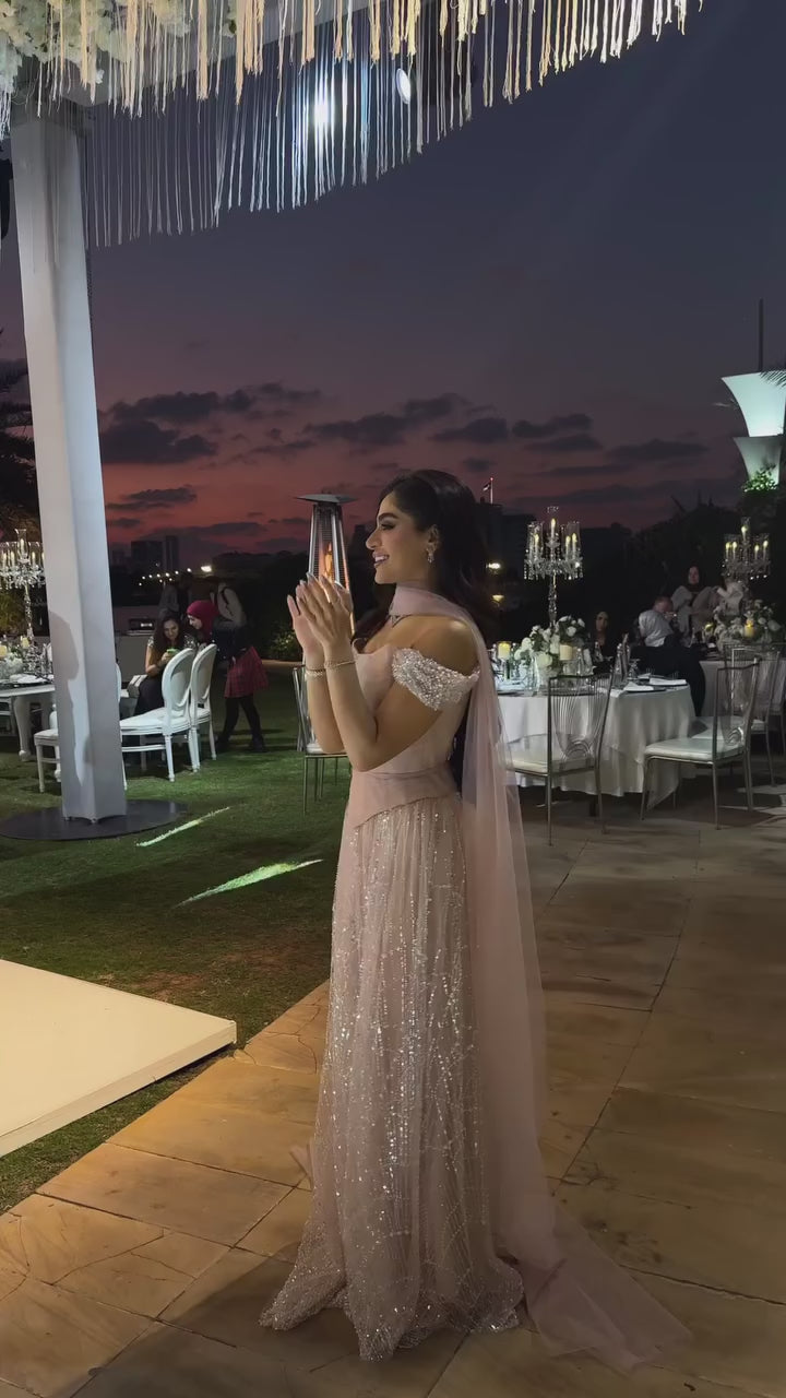 Simple Arabic Pink Pearls Beaded Evening Dress With Shawl CLA72922