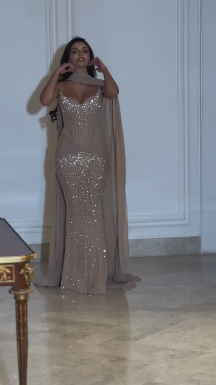 Luxury Arabic Nude Beaded Strapless With Cape Corset Evening Dress CLA73343