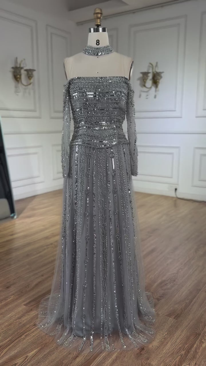 Luxury Caramel Off Shoulder Beaded Mermaid Evening Dress Long Sleeves CLA73053