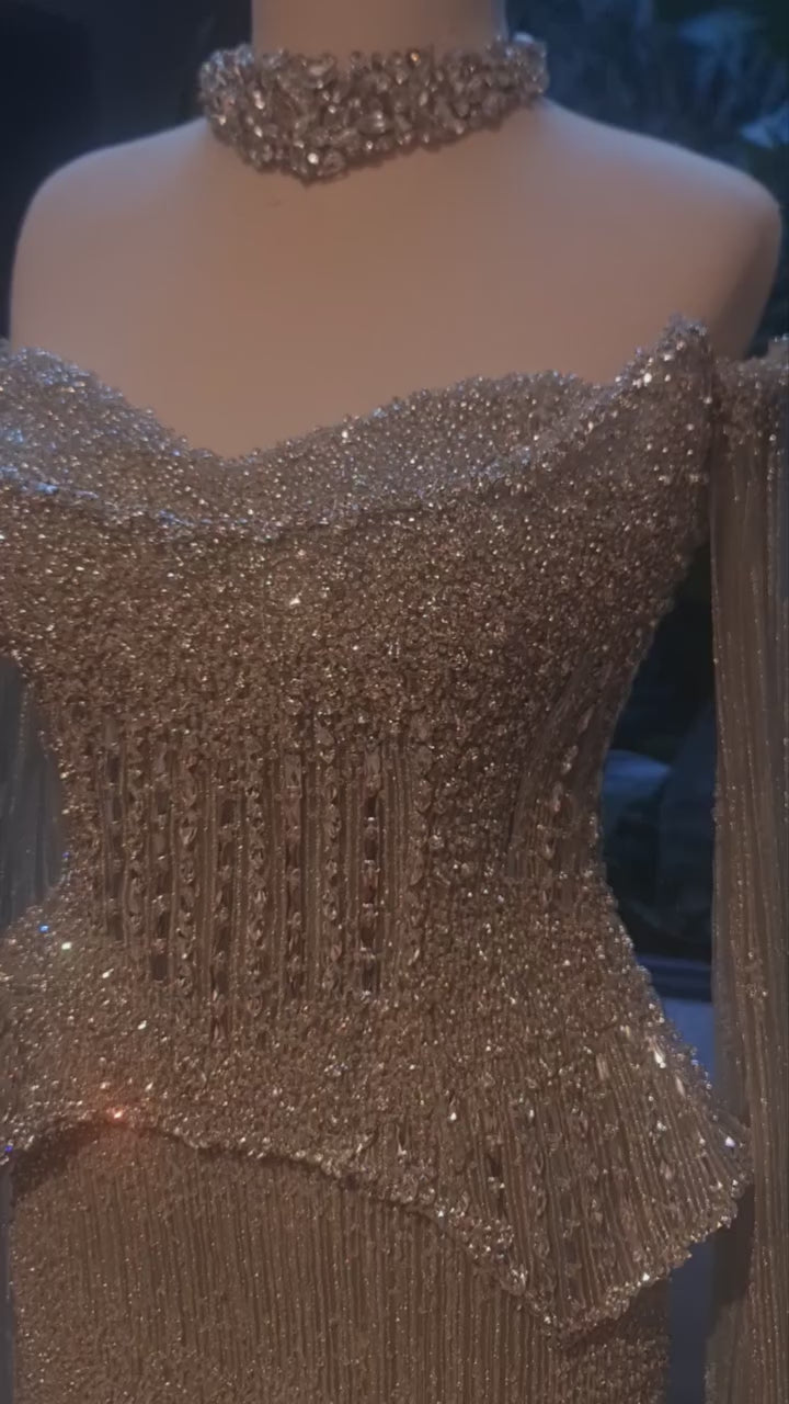 Luxury Rose Gold Beaded Off-Shoulder Evening Dress With Cape Sleeves CLA73076
