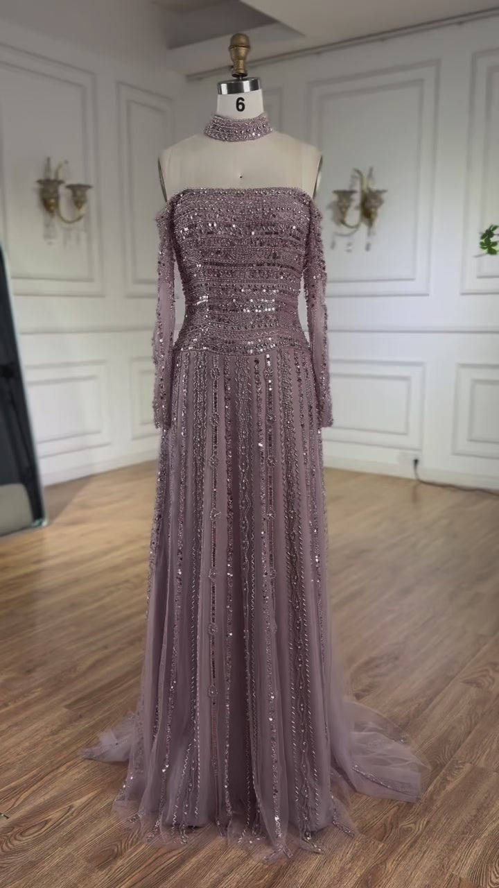 Luxury Caramel Off Shoulder Beaded Mermaid Evening Dress Long Sleeves CLA73053