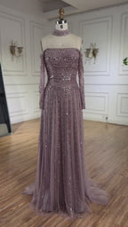 Luxury Caramel Off Shoulder Beaded Mermaid Evening Dress Long Sleeves CLA73053