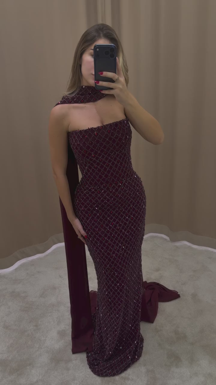 Luxury Wine Red Beaded Mermaid Evening Dress With Cape CLA73660