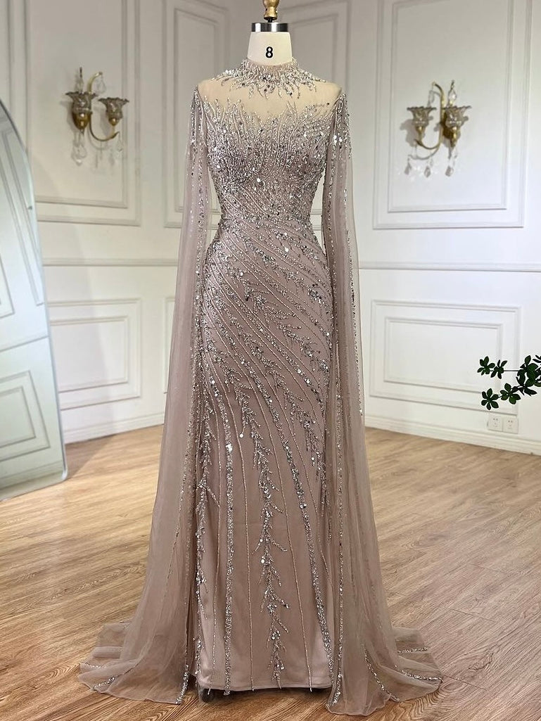 Arabic Pink Luxury Beaded Mermaid Evening Dress Modest For Muslim Women Hijab CLA71885A