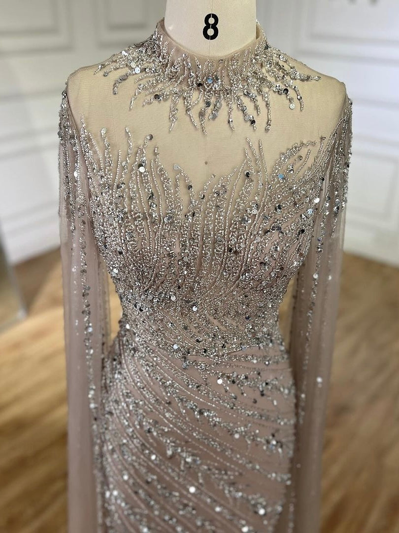 Arabic Pink Luxury Beaded Mermaid Evening Dress Modest For Muslim Women Hijab CLA71885A