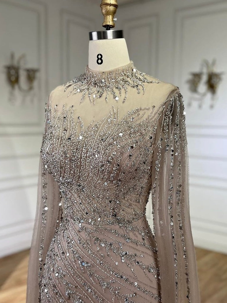 Arabic Pink Luxury Beaded Mermaid Evening Dress Modest For Muslim Women Hijab CLA71885A
