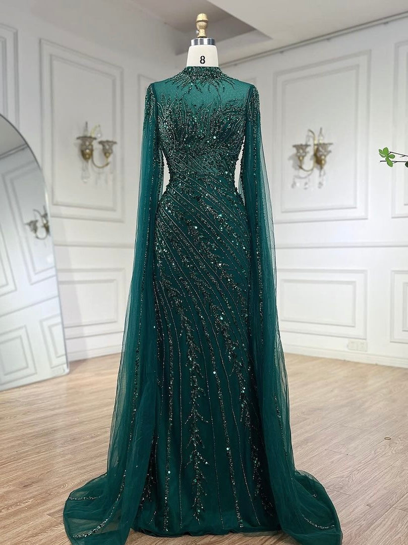 Arabic Pink Luxury Beaded Mermaid Evening Dress Modest For Muslim Women Hijab CLA71885A