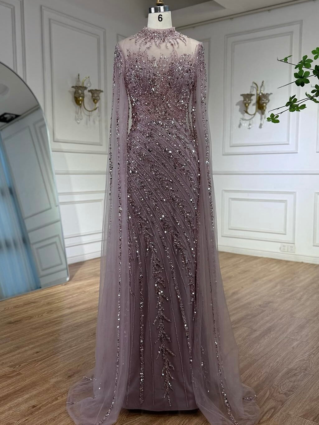 Arabic Pink Luxury Beaded Mermaid Evening Dress Modest For Muslim Women Hijab CLA71885A