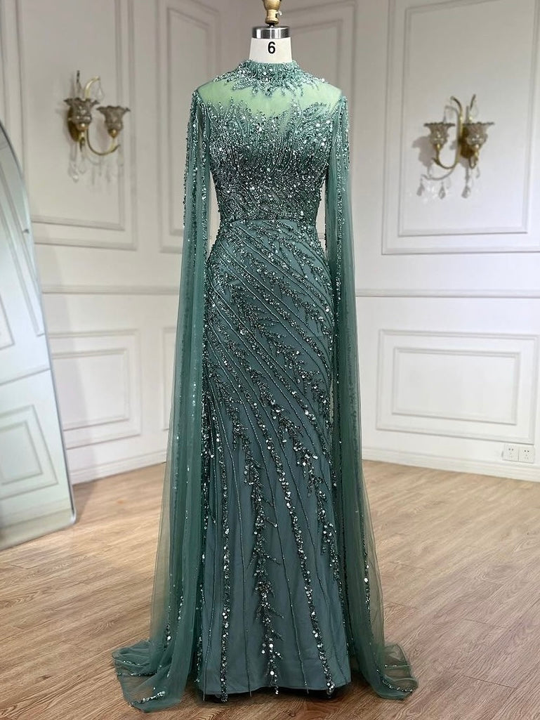 Arabic Pink Luxury Beaded Mermaid Evening Dress Modest For Muslim Women Hijab CLA71885A