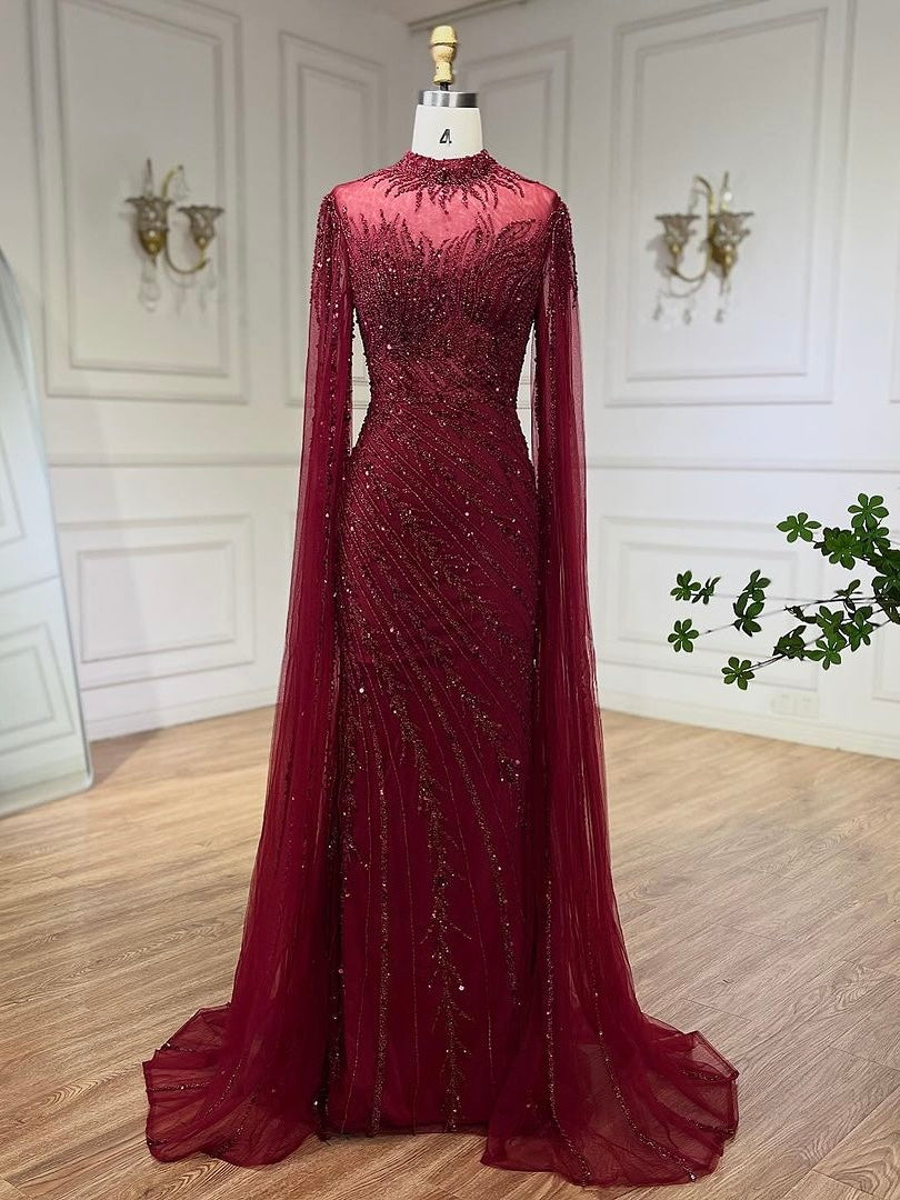 Arabic Pink Luxury Beaded Mermaid Evening Dress Modest For Muslim Women Hijab CLA71885A