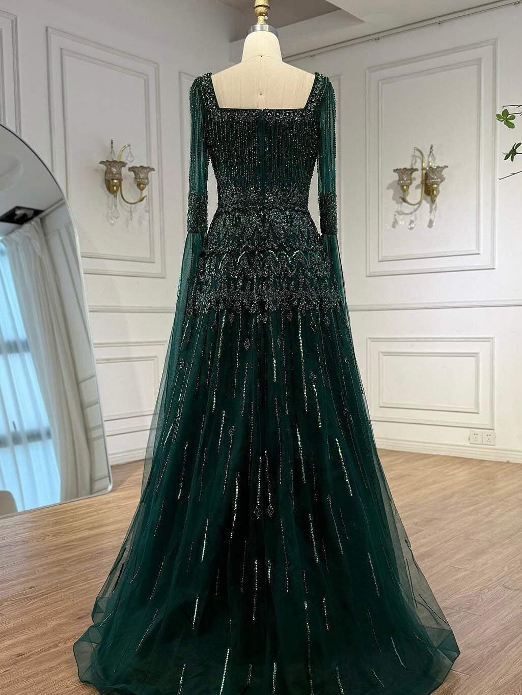 Arabic Luxury Beaded A-Line Square Green Cape Sleeves Evening Dress CLA73089