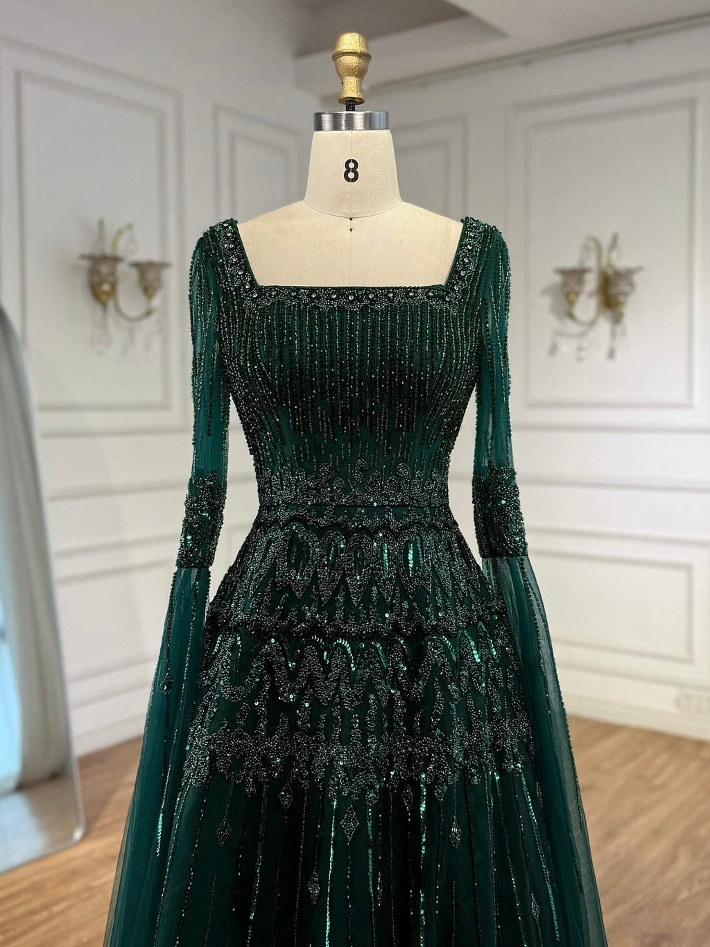 Arabic Luxury Beaded A-Line Square Green Cape Sleeves Evening Dress CLA73089