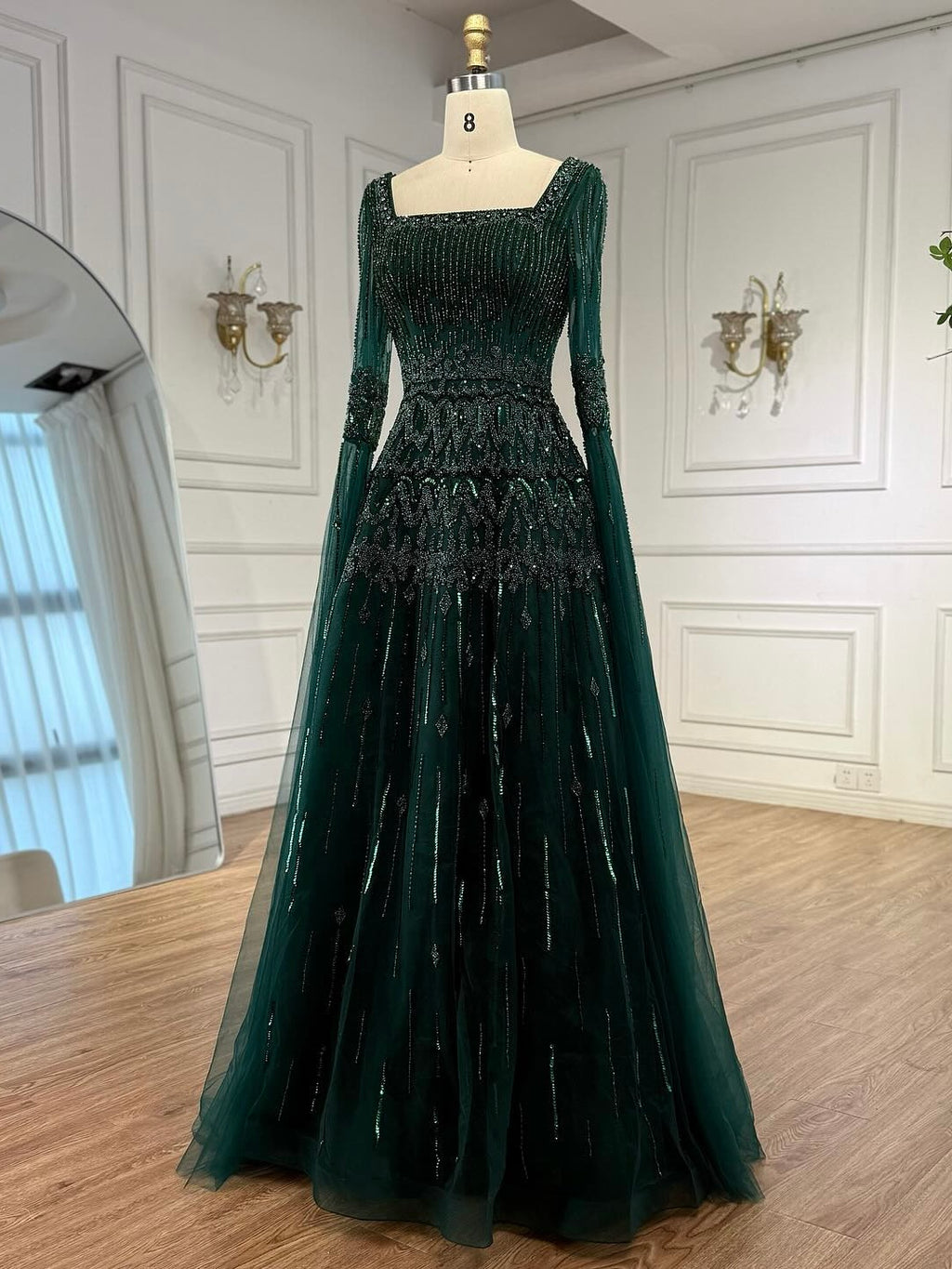 Arabic Luxury Beaded A-Line Square Green Cape Sleeves Evening Dress CLA73089
