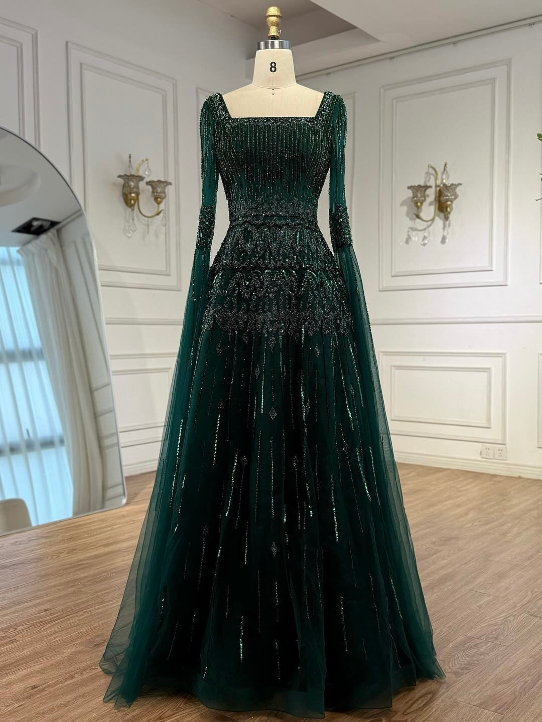 Arabic Luxury Beaded A-Line Square Green Cape Sleeves Evening Dress CLA73089