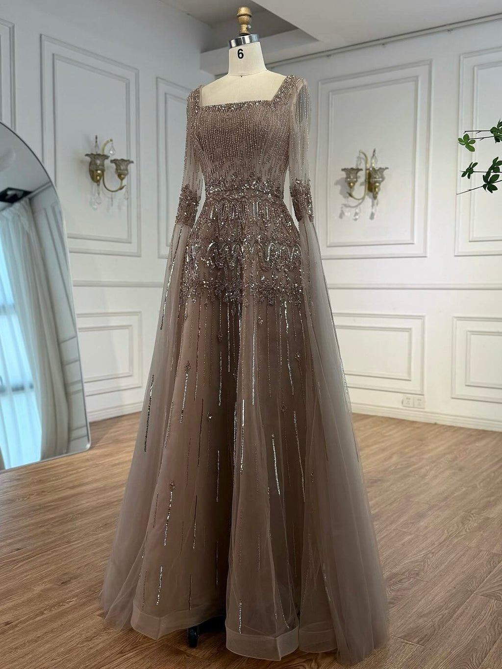 Arabic Luxury Beaded A-Line Square Green Cape Sleeves Evening Dress CLA73089