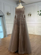 Arabic Luxury Beaded A-Line Square Green Cape Sleeves Evening Dress CLA73089