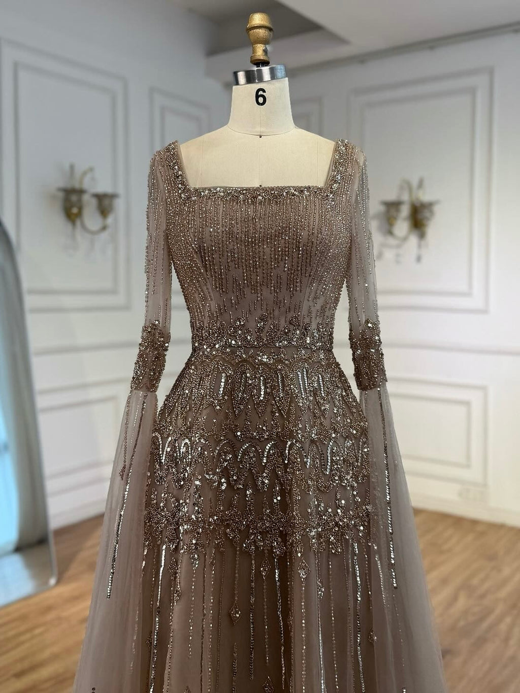Arabic Luxury Beaded A-Line Square Green Cape Sleeves Evening Dress CLA73089