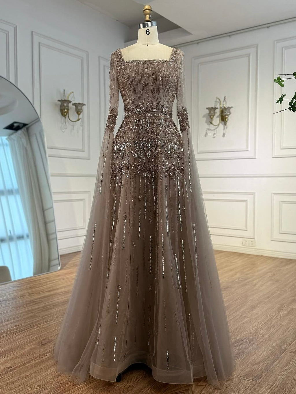 Arabic Luxury Beaded A-Line Square Green Cape Sleeves Evening Dress CLA73089