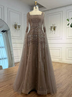 Arabic Luxury Beaded A-Line Square Green Cape Sleeves Evening Dress CLA73089