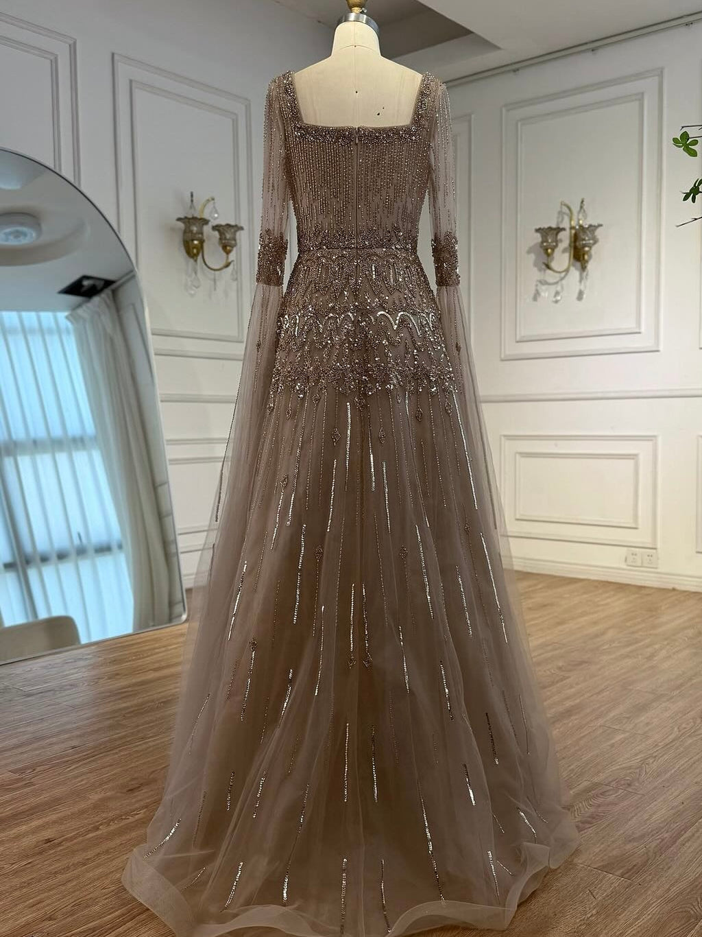 Arabic Luxury Beaded A-Line Square Green Cape Sleeves Evening Dress CLA73089