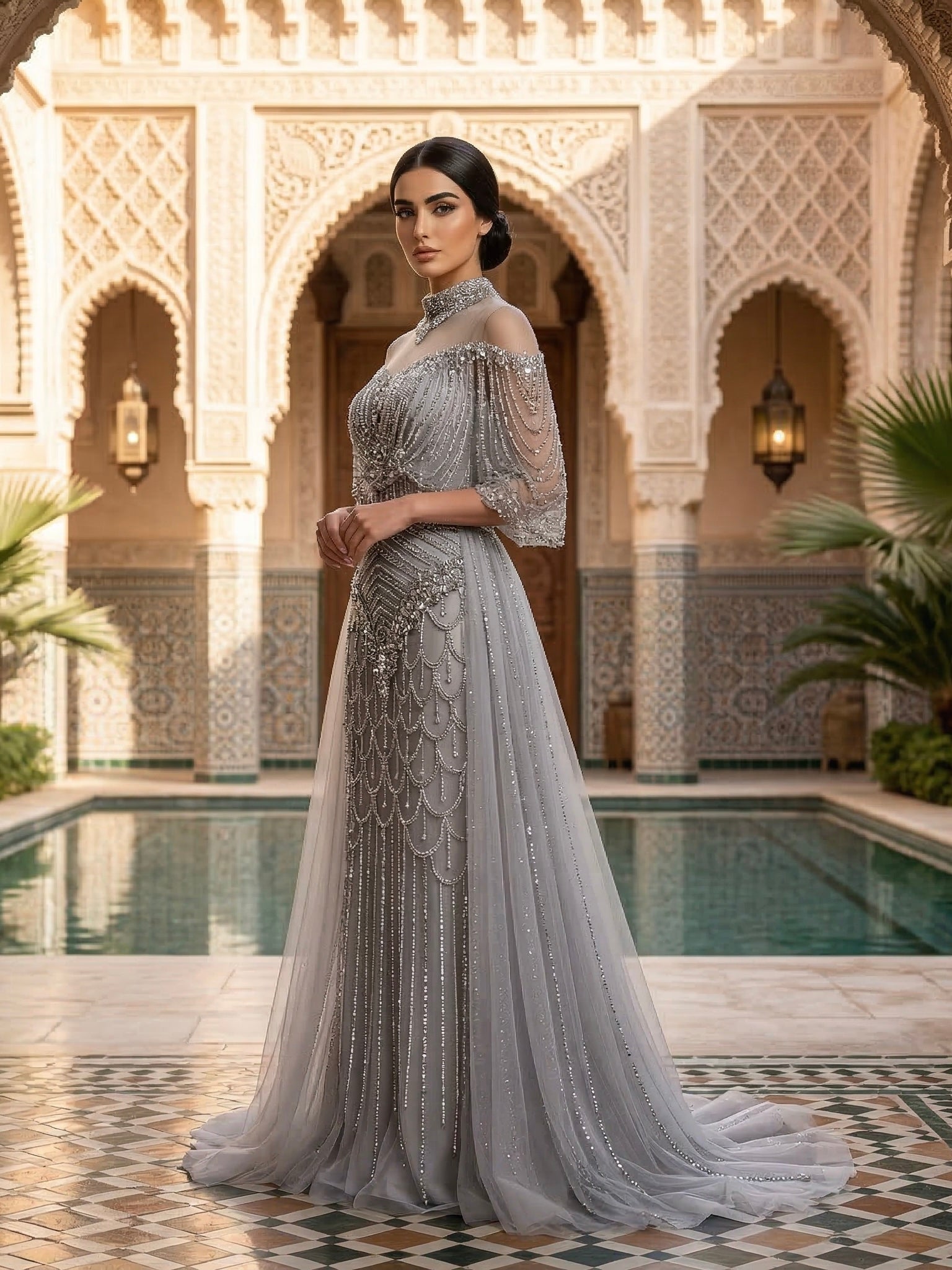Lebanon Luxury Gray Beaded Evening Dress With Jacket CLA73129