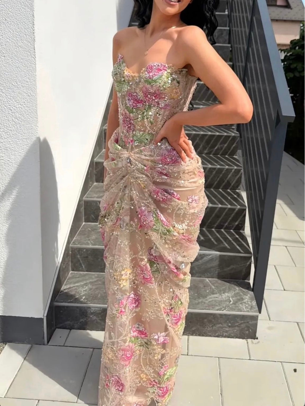 Kosovo Pink Floral Strapless Beaded Mermaid Corset Back Evening Dress CLA73552