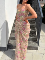 Kosovo Pink Floral Strapless Beaded Mermaid Corset Back Evening Dress CLA73552