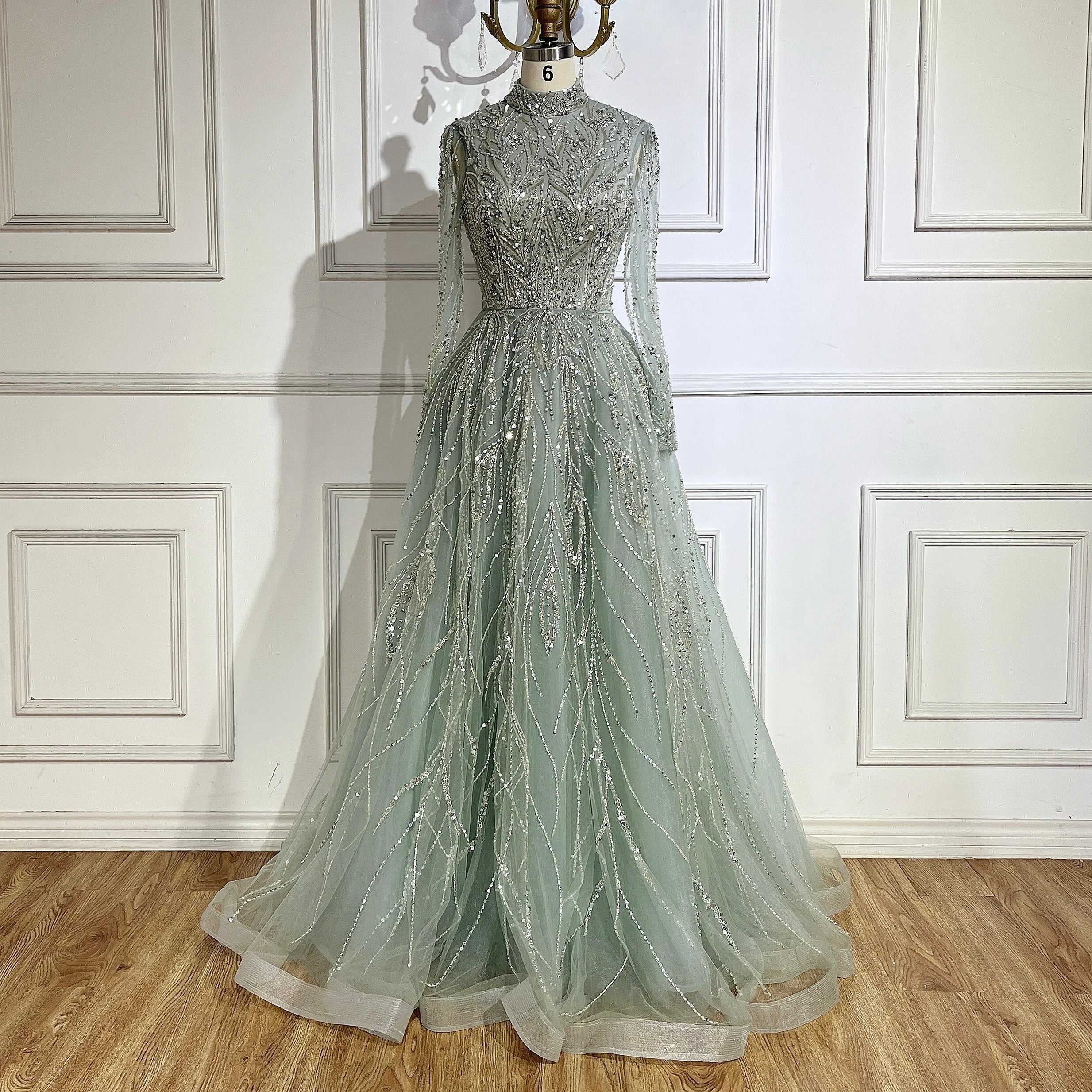 Muslim Formal Blue A-Line Beaded Evening Dress CLA72302A