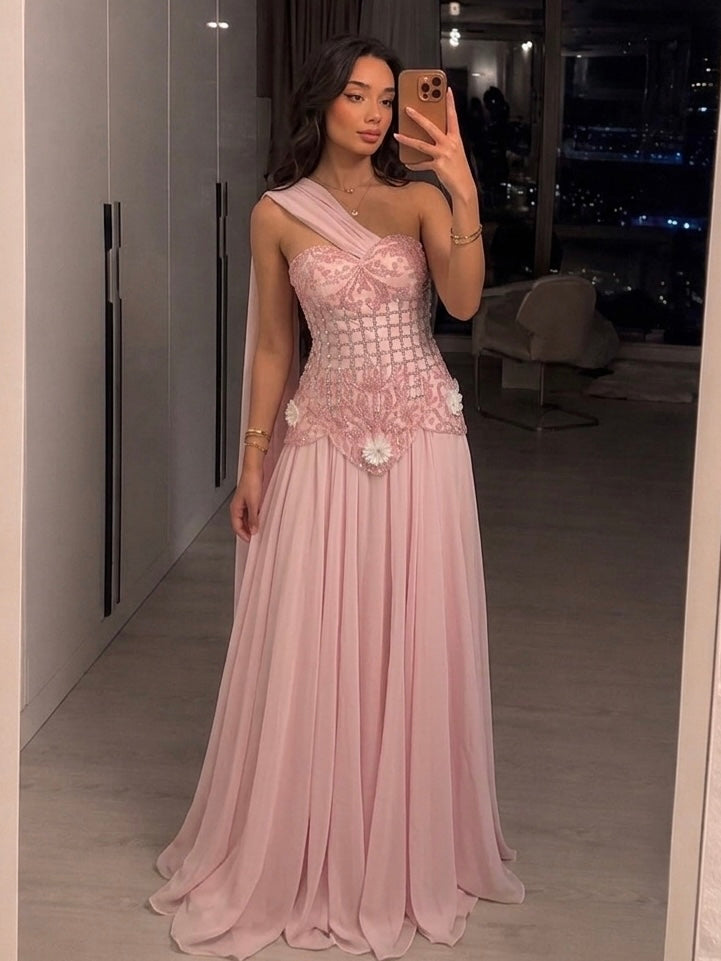 Arabic Pink Simple Style Floral Beaded Chiffon A-Line Evening Dress CLA73451