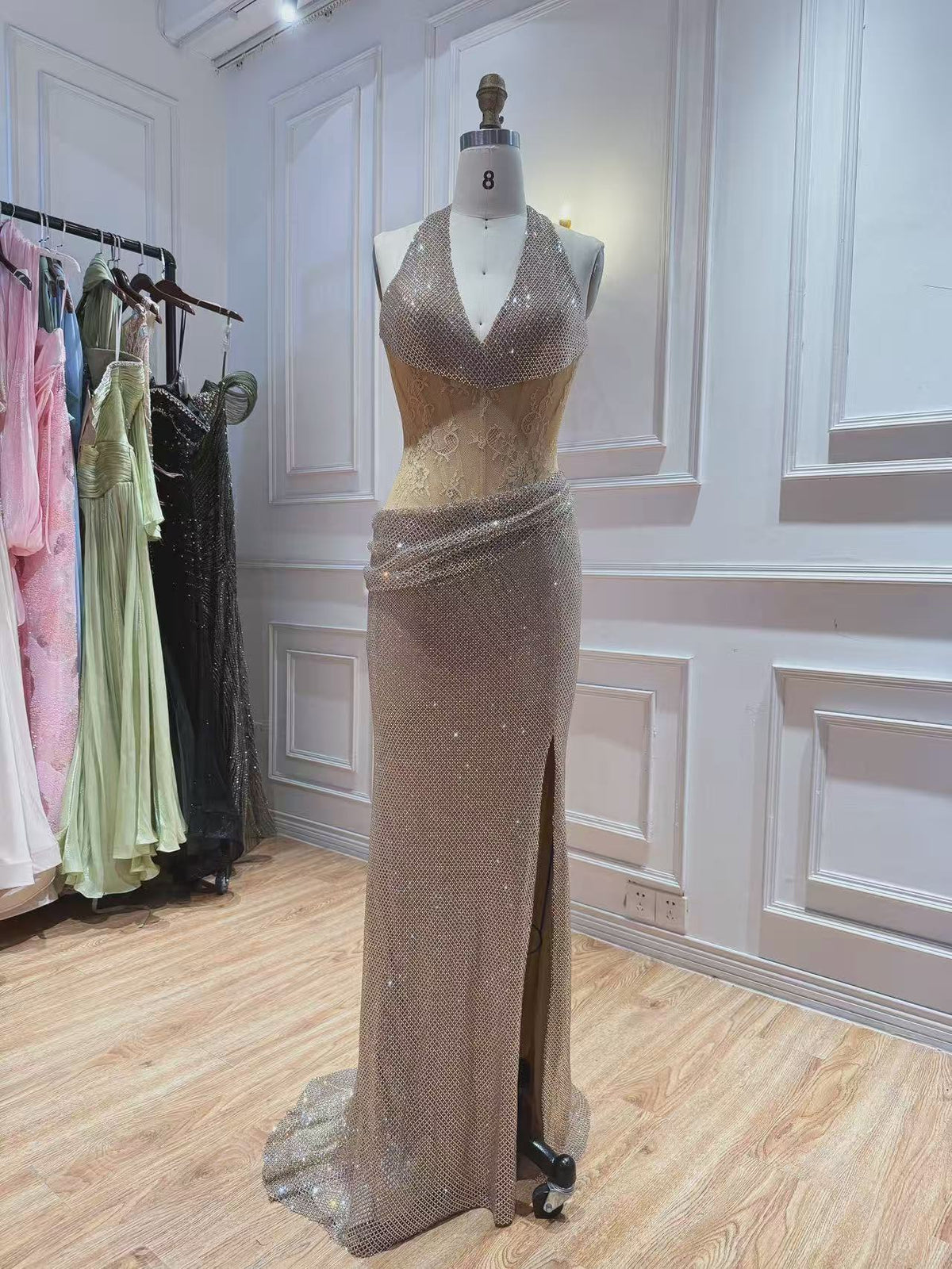 Luxury Gold Beaded Lace Mermaid With Slit Halter Evening Dress CLA73749A