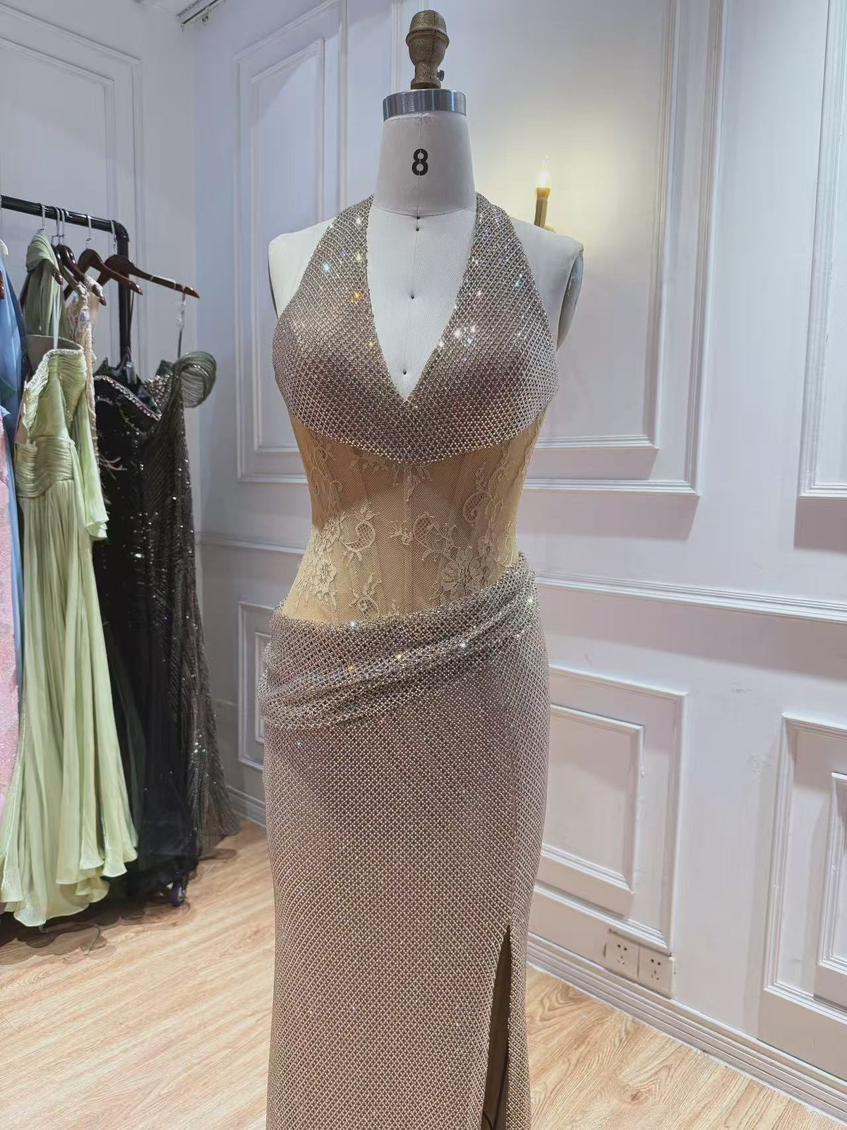 Luxury Gold Beaded Lace Mermaid With Slit Halter Evening Dress CLA73749A
