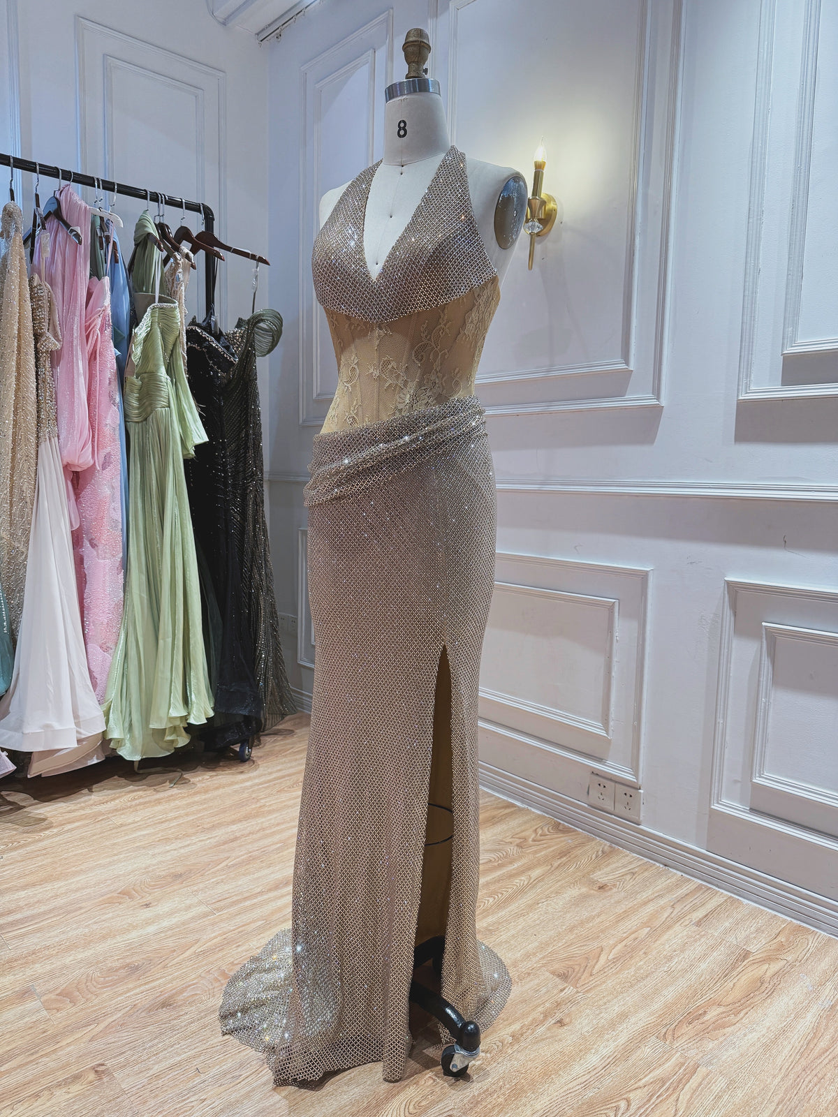 Luxury Gold Beaded Lace Mermaid With Slit Halter Evening Dress CLA73749A