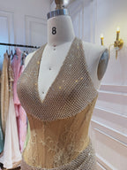 Luxury Gold Beaded Lace Mermaid With Slit Halter Evening Dress CLA73749A
