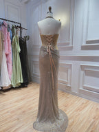 Luxury Gold Beaded Lace Mermaid With Slit Halter Evening Dress CLA73749A
