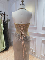 Luxury Gold Beaded Lace Mermaid With Slit Halter Evening Dress CLA73749A
