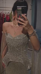 Luxury Rose Gold Beaded Off-Shoulder Evening Dress With Cape Sleeves CLA73076