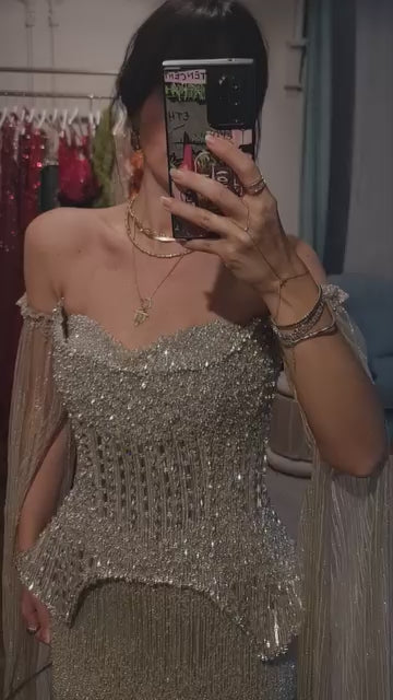 Luxury Rose Gold Beaded Off-Shoulder Evening Dress With Cape Sleeves CLA73076