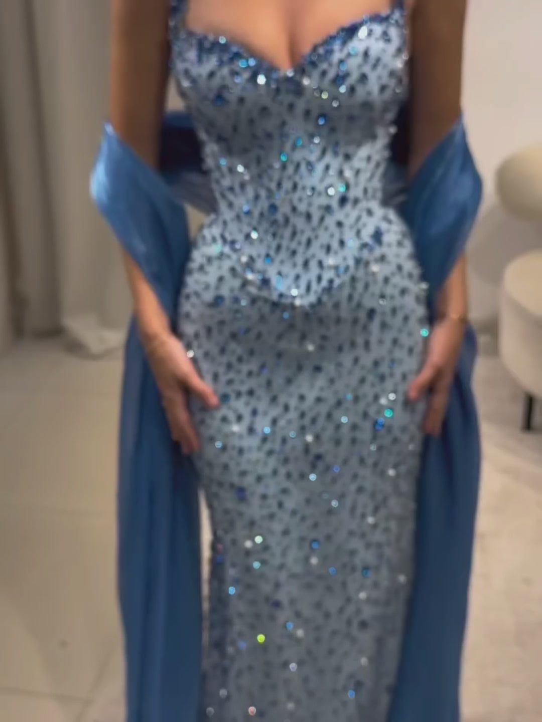 Luxury Blue Diamond Halter Evening Dress With Cape CLA73471