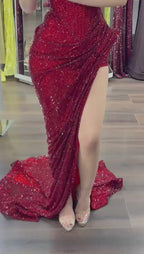 Luxury Evening Dress Burgundy Beaded High Slit Draped Mermaid Gown CLA73390
