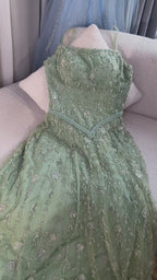 Luxury Sage Green Beaded A-Line Spaghetti Straps Evening Dress CLA72805