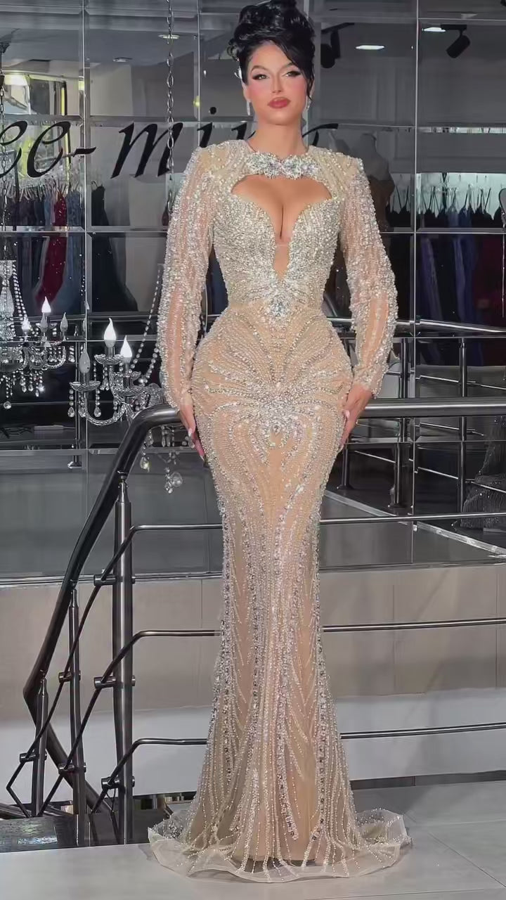 Luxury Nude Crystal Beaded Long Sleeves Mermaid Evening Dress CLA73412