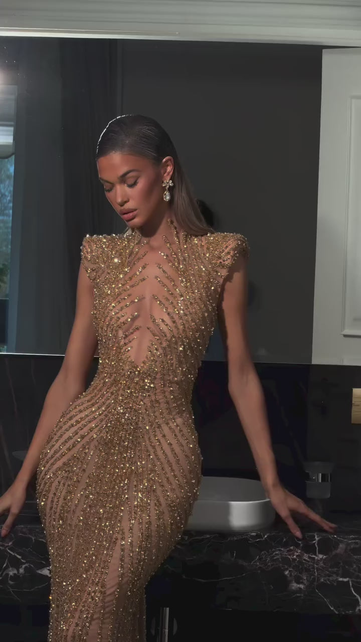 Arabic Luxury Gold Beaded Elegant Short Sleeves Mermaid Evening Dress CLA73221