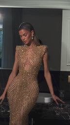 Arabic Luxury Gold Beaded Elegant Short Sleeves Mermaid Evening Dress CLA73221