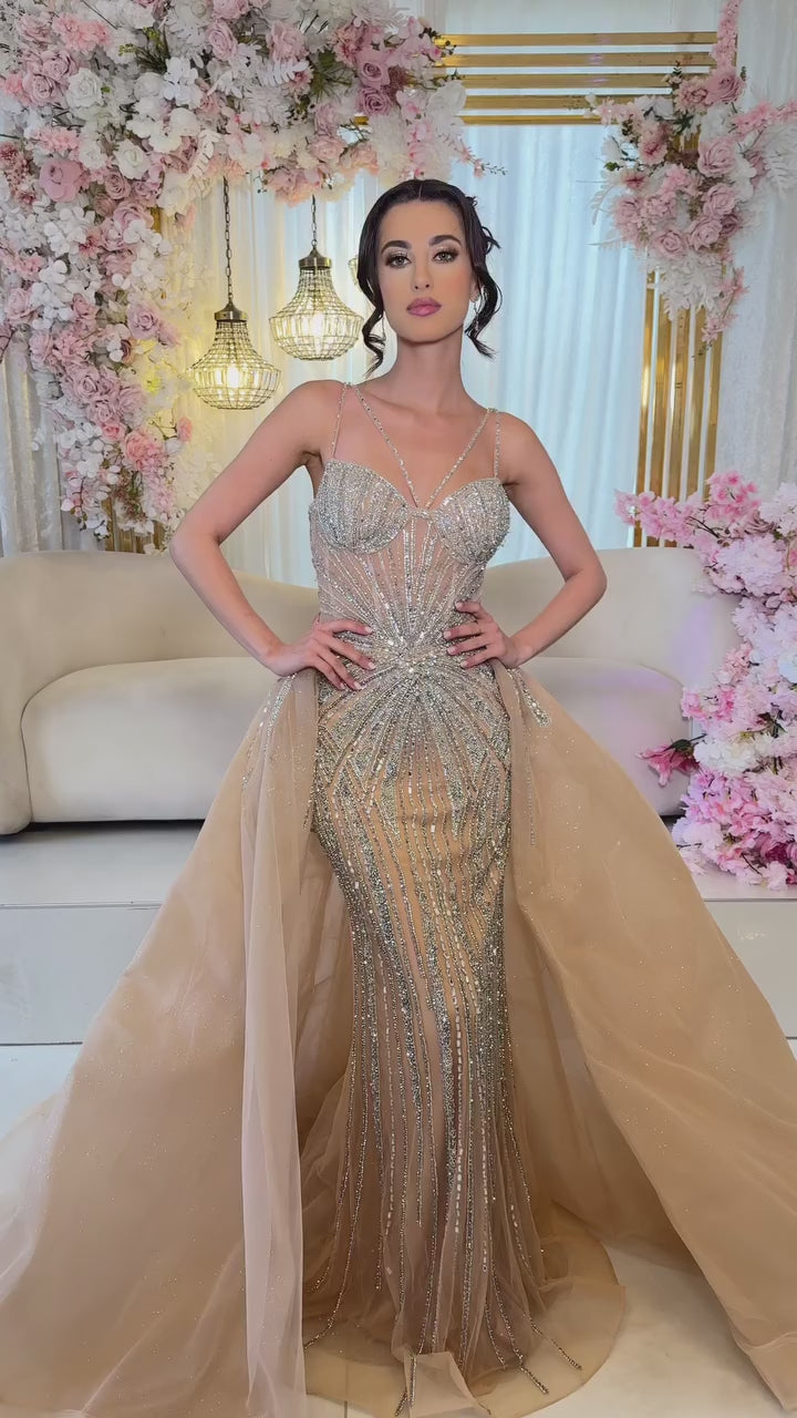 Luxury Nude Spaghetti Strap Mermaid Evening Dress with Overskirt Beaded CLA73090A