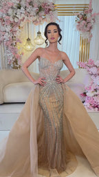 Luxury Nude Spaghetti Strap Mermaid Evening Dress with Overskirt Beaded CLA73090A