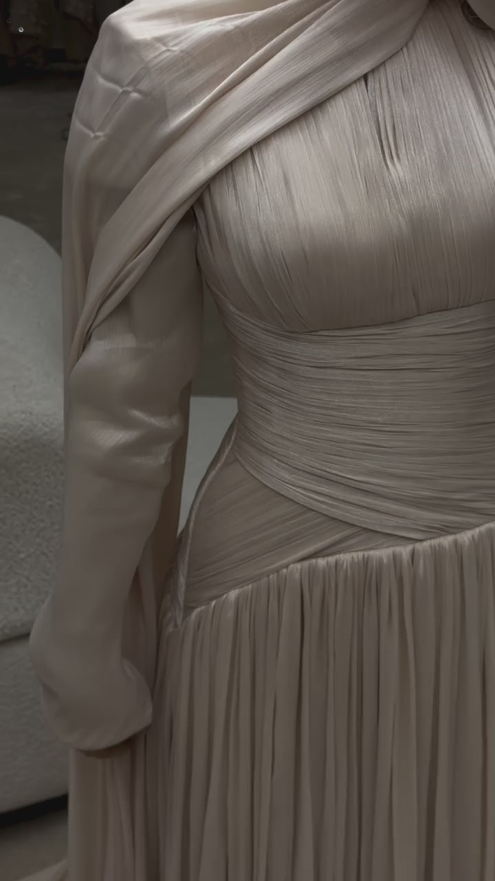 Modest Beige Corset Long Evening Dress With Cape CLA73418