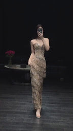 Luxury Arabic Gold Strapless Crystal Beaded Evening Dress CLA73492