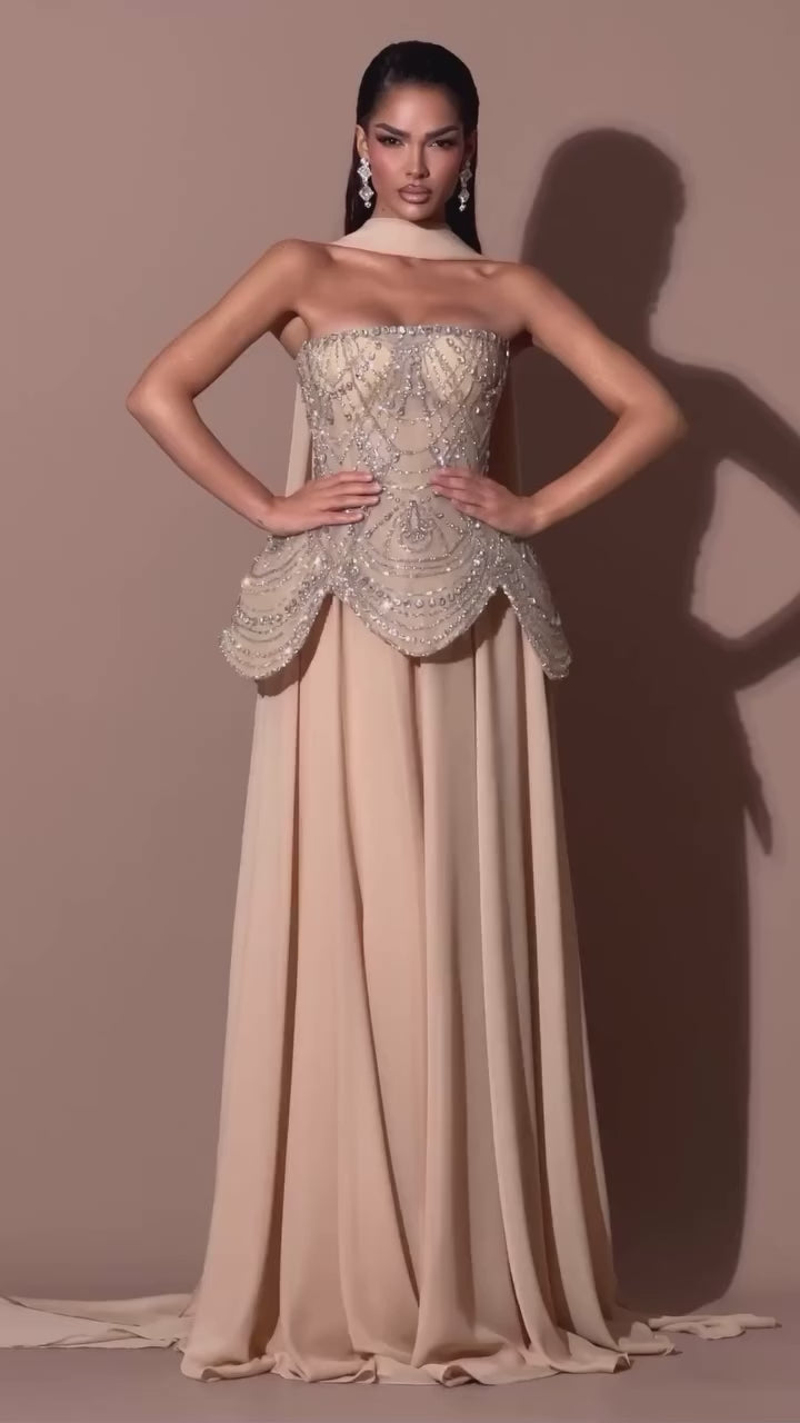 Luxury Designer Nude Beaded Chiffon Evening Dress CLA72915