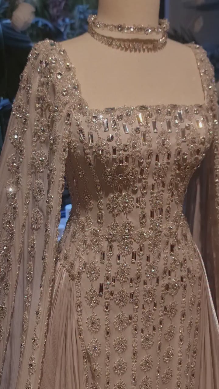 Luxury Nude Dubai Crystal Cape Sleeves A-Line Evening Dress CLA73272